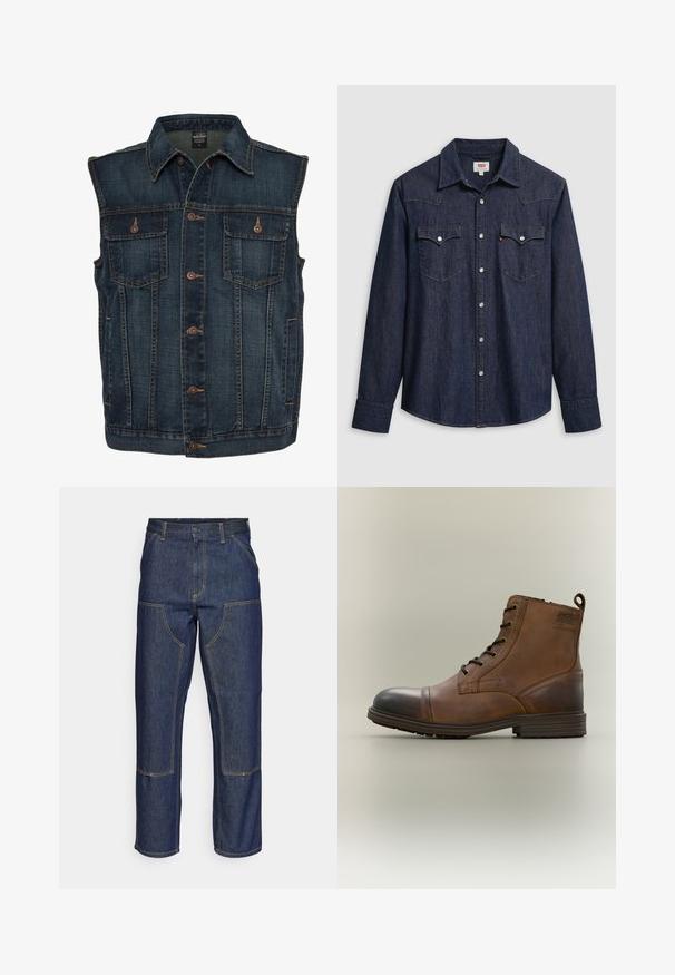 Veste en denim de couleur bleu foncé, dotée d'une fermeture à boutons sur le devant, de deux poches poitrine et d'un col classique. Tissu texturé avec des coutures visibles.; Chemise en denim bleu foncé avec col pointu, boutons-pression et poches poitrine. Comprend des détails de couture et des manches longues.; Jeans en denim bleu foncé avec une taille haute, une coupe droite, des coutures contrastantes et des poches appliquées à l'avant.; Botte cheville en cuir marron à lacets avec bout noir, semelle ronde et détail de marque sur le côté sur fond uni.