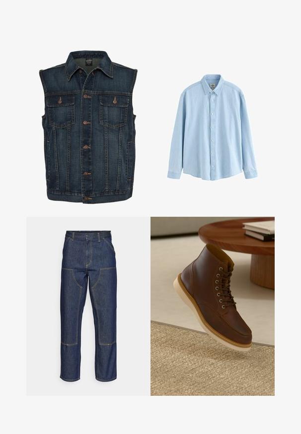 Chaleco de denim de color azul oscuro, con cierre de botones en la parte delantera, dos bolsillos en el pecho y un cuello clásico. Tejido texturizado con costuras visibles.; Camisa de mezclilla azul claro de manga larga con botones y cuello, botones blancos, talla mediana, exhibida sobre un fondo blanco.; Jeans de mezclilla azul oscuro con cintura alta, diseño de pierna recta, costuras contrastantes y bolsillos de parche en la parte delantera.; Botín de cuero marrón con suela beige sobre una alfombra beige texturizada al lado de una mesa redonda de madera con libros apilados.