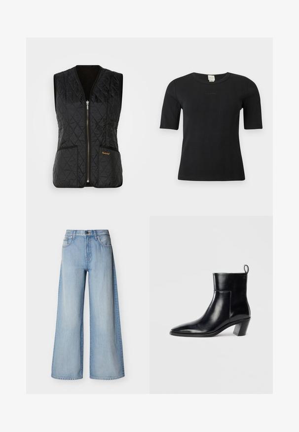 Schwarze Stepp-Weste mit Reißverschluss, ausgestattet mit zwei Vordertaschen und orangefarbenem "Barbour"-Logo. Glatte Textur und ärmelloses Design.; Schwarzes, geripptes Calvin Klein Kurzarmoberteil mit Rundhalsausschnitt und dezentem, auf der Brust aufgesticktem Logo vor einfachem Hintergrund.; Hellblaue Jeans mit weitem Bein aus Denim-Stoff, hoch tailliert mit Knopfverschluss, mit klassischem Fünf-Taschen-Design und gesteppten Details.; Schwarze Leder-Ankleboots mit spitzem Zeh, geometrischem Blockabsatz und einem Zugband hinten. Glatte Textur und elegantes Design.