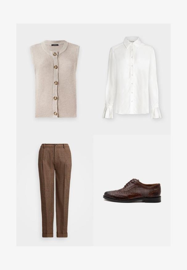 Ærmeløs beige strik cardigan med rund halsudskæring, knaplukning foran og tekstureret stof med store, runde knapper.; Hvid langærmet bluse med knapper foran, spidst krave, subtile lodrette striber og udslåede manchetter med flæsedetaljer.; Brune plaid bukser med en skræddersyet pasform, der har plisseringer, en knaplukning og manchetter. Tekstureret stof med orange detaljer.; Brun læder herre wingtip selskabssko med brogue-detaljer og ternede stofsider, vist fra siden på en hvid baggrund.