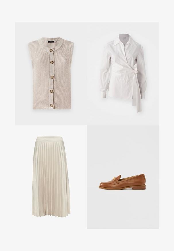 Ærmeløs beige strik cardigan med rund halsudskæring, knaplukning foran og tekstureret stof med store, runde knapper.; Hvid langærmet indpakningsbluse med klassisk krave og knudet detaljer i siden på en ensfarvet baggrund.; Plisseret midi-nederdel i lys beige, lavet af et glat, blødt stof. Har en tætsiddende talje og et svævende design.; Brun læderloafer med rundet tå, dekorativ strop og lille hæl. Glat tekstur, subtile syningsdetaljer og guldfarvede metalbeslag.
