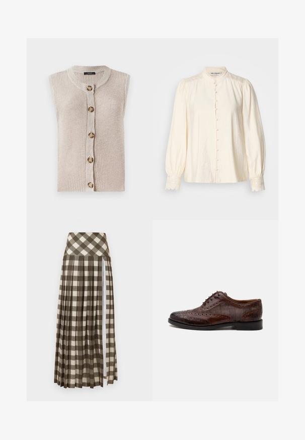 Ærmeløs beige strik cardigan med rund halsudskæring, knaplukning foran og tekstureret stof med store, runde knapper.; Hvid bluse med høj krave, frontknaplukning og puf-ærmer. Har blonder façade ved ærmerne og en subtil tekstureret stof.; Lang, plisseret nederdel med et brunt og beige ternet mønster. Høj talje-design med en sideslids og blød stoftekstur.; Brun læder herre wingtip selskabssko med brogue-detaljer og ternede stofsider, vist fra siden på en hvid baggrund.