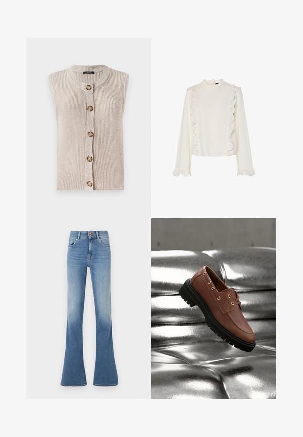 Ærmeløs beige strik cardigan med rund halsudskæring, knaplukning foran og tekstureret stof med store, runde knapper.; Hvid bluse med lange ærmer, der har en høj hals, scalloperet blondekant langs fronten og ærmerne samt et glat, struktureret stof.; Blå high-waist denimjeans med let falmet effekt på lårene og brede, udvidede ben, med frontlommer og dobbelt knaplukning.; Brun læderloafer med sort, kraftig sål, svævende over en metalisk sølvfarvet fladetuftet overflade.