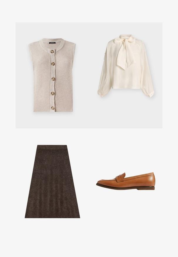 Ærmeløs beige strik cardigan med rund halsudskæring, knaplukning foran og tekstureret stof med store, runde knapper.; Langærmet cremefarvet bluse med stor sløjfe om halsen og manchetter med knapper, vist mod en ensfarvet lys baggrund.; Brun strikket nederdel med en flared design, elastisk talje og subtil tekstur hele vejen igennem. Stoffet ser blødt og varmt ud.; Tan læder loafers med et slankt design, der har en frontrem detalje, rund tå og lav brun hæl. Glat tekstur, minimalistisk stil.