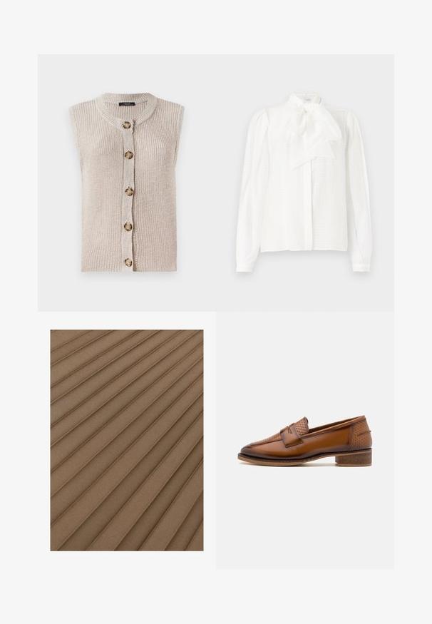 Ærmeløs beige strik cardigan med rund halsudskæring, knaplukning foran og tekstureret stof med store, runde knapper.; Hvid bluse med høj krave, bånddetalje, lange ærmer med knapmanchetter og et struktureret, stribet stof.; Plisseret stof i en dæmpet brun nuance med lodrette riller og en blød tekstur, hvilket skaber et diskret, lagdelt udseende.; Brune læder loafers med en struktureret vævet frontpanel, rund tå og lav stablet hæl. Glat finish med diskret stikningsdetalje.