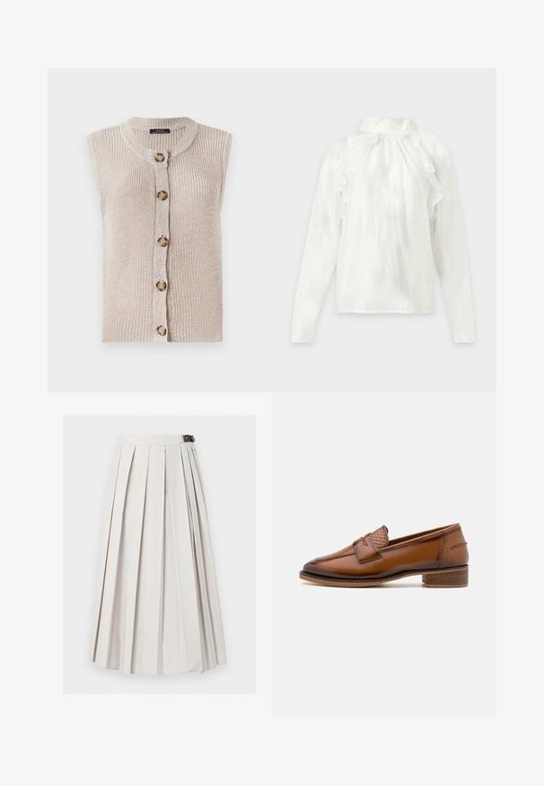 Ærmeløs beige strik cardigan med rund halsudskæring, knaplukning foran og tekstureret stof med store, runde knapper.; Hvid bluse med lange ærmer, høj hals og flæsedetaljer langs foran og skuldre, vist på en ensartet baggrund.; Lang hvid plisseret nederdel med sidelukning med spænde, vist fladt mod en hvid baggrund.; Brune læder loafers med en struktureret vævet frontpanel, rund tå og lav stablet hæl. Glat finish med diskret stikningsdetalje.