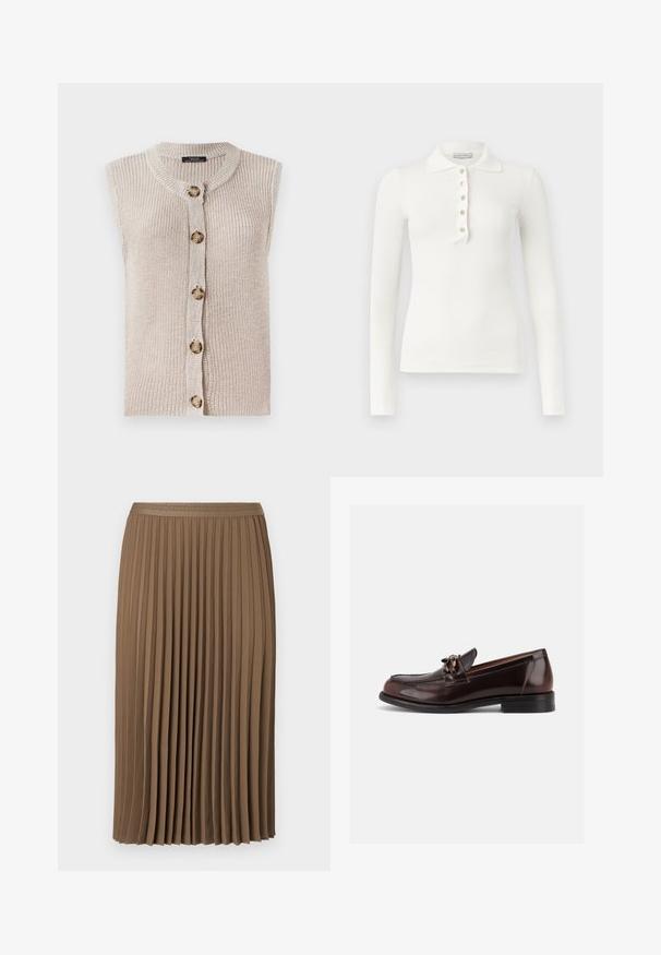 Ærmeløs beige strik cardigan med rund halsudskæring, knaplukning foran og tekstureret stof med store, runde knapper.; Hvid langærmet, ribstrikket polo med fem knapper og en slå-krave på en ensfarvet baggrund.; Brun plisseret nederdel i blødt stof med en tekstureret talje med et geometrisk mønster. Designet er mellemlangt og flyder blidt.; Mørkebrune herreloafer i læder med lav hæl og dekorativt metalstykke på vristen, vist i sideprofil på hvid baggrund.