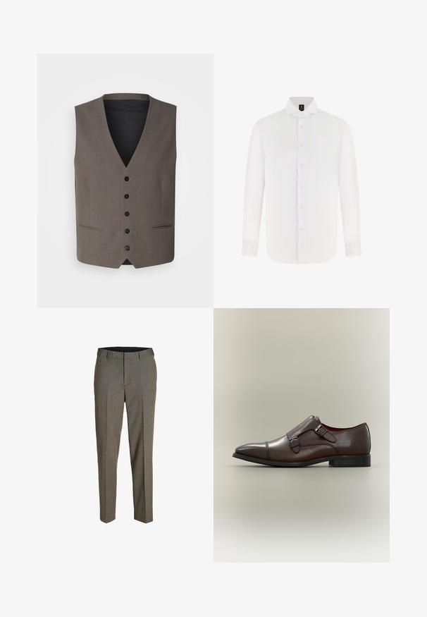 Gilet marron avec un col en V, six boutons noirs, deux poches avant et une texture lisse ; intérieur doublé visible au niveau du col.; Chemise blanche à manches longues avec boutonnage à l'avant et col classique, étiquette de marque à l'intérieur du col.; Pantalon gris ajusté avec une texture tissée fine, devant plat, deux pinces et coupe droite. Comprend des passants de ceinture et des poches.; Chaussure habillée pour homme en cuir marron avec double bride monk et boucles argentées, bout pointu et talon noir bas sur fond neutre.