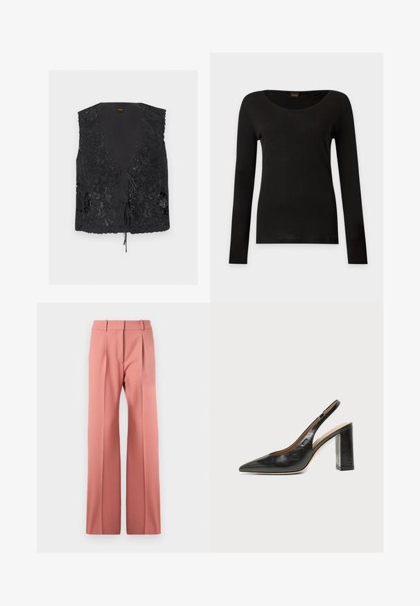 Gilet noir sans manches avec superposition de dentelle florale, profond décolleté en V et fermetures à nouer à l'avant sur fond uni.; Haut noir à manches longues ajusté avec encolure ronde, présenté à plat sur un fond clair.; Pantalons roses à jambes larges en matériau lisse, avec des plis sur le devant, une taille haute et une coupe épurée sans poches visibles.; Chaussure slingback en cuir noir à bout pointu avec un talon bloc haut et une doublure intérieure beige sur un fond clair uni.