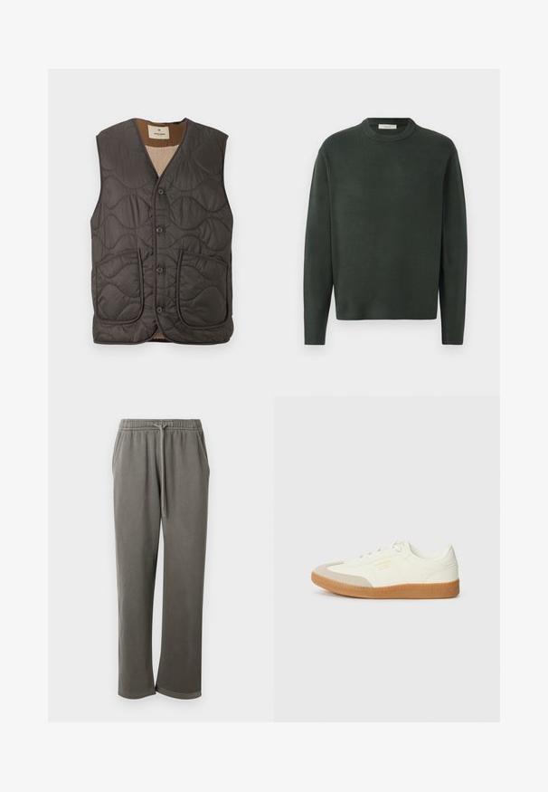 Gevulde mouwloze vest in donkergrijs, met twee voorzakken, vijf knopen en een zachte beige voering. Textuur is glad met een golvend patroon.; Donkergroen gebreid sweater met een ronde hals, lange mouwen en een zachte textuur, met een eenvoudig, naadloos ontwerp.; Grijze katoenen sweatpants met een elastische tailleband en trekkoord, met zijzakken en een ontspannen pasvorm langs de benen.; Schoen gemaakt van wit leer met een beige teenkap en een lichtbruine rubberen zool. Voorzien van platte witte veters en reliëfbranding aan de zijkant.