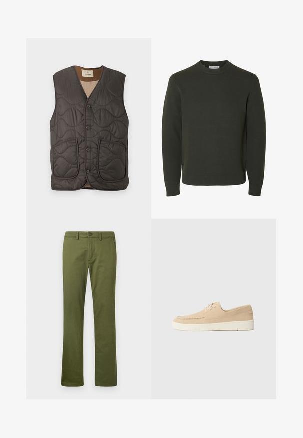 Chaleco acolchado sin mangas en gris oscuro, con dos bolsillos frontales, cinco botones y un suave revestimiento beige. La textura es lisa con un patrón ondulado.; Jersey de cuello redondo tejido de color verde oscuro con mangas largas y puños y dobladillo acanalados, mostrado sobre un fondo blanco.; Pantalones rectos de color verde oliva hechos de algodón, con cierre de botón, trabillas para el cinturón y bolsillos laterales; textura suave con un acabado mate.; Zapatos de ante beige con cordones y suela de goma blanca. Presentan un diseño de costura y un corte bajo, ofreciendo un estilo simple y minimalista.
