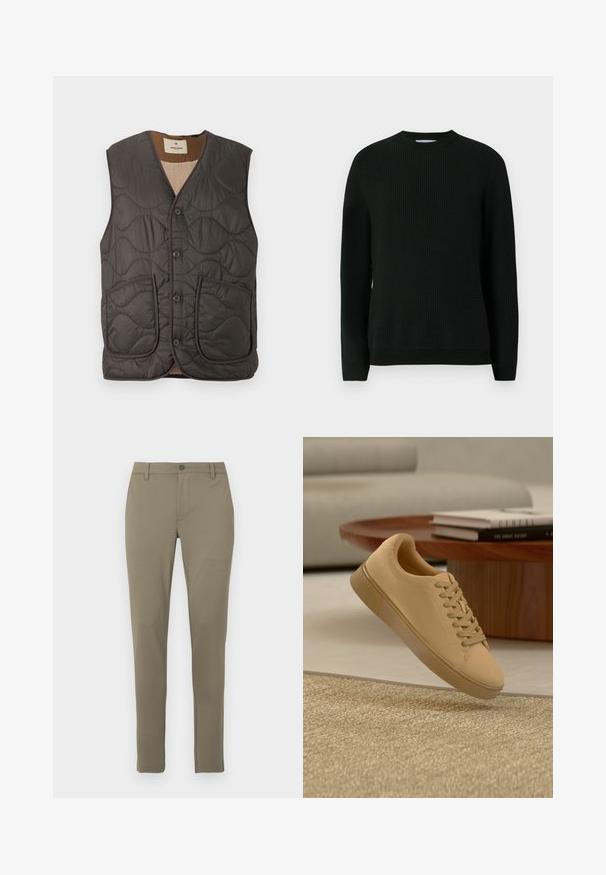 Gevulde mouwloze vest in donkergrijs, met twee voorzakken, vijf knopen en een zachte beige voering. Textuur is glad met een golvend patroon.; Gebreide zwarte trui, ronde halslijn, textuurstof, lange mouwen, geribbelde manchetten en zoom, minimalistisch ontwerp, geen extra patronen of details.; Khaki slim-fit broeken gemaakt van een zachte, gladde stof met een platte voorkant, riemlussen en een enkele knoopsluiting in de taille.; Beige vetersneaker die boven een gestructureerd tapijt zweeft, met een houten salontafel en gestapelde boeken op een wazige achtergrond.
