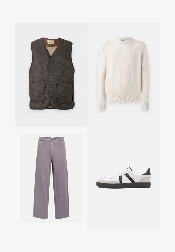 Chaleco acolchado sin mangas en gris oscuro, con dos bolsillos frontales, cinco botones y un suave revestimiento beige. La textura es lisa con un patrón ondulado.; Suéter de color beige claro con cuello redondo y puños acanalados. Tejido suave y texturizado con mangas largas y un dobladillo recto. Diseño minimalista.; Jeans rectos en color lavanda-gris, con bolsillos delanteros y traseros, pasadores para cinturón y cierre de botón en la cintura.; Zapatilla blanca con acentos en negro y gris, que presenta una puntera texturizada en gris, suela de goma negra y cordones planos blancos. Diseño limpio, estilo minimalista.