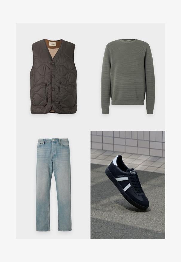 Gevulde mouwloze vest in donkergrijs, met twee voorzakken, vijf knopen en een zachte beige voering. Textuur is glad met een golvend patroon.; Groene geribbelde trui met een ronde halslijn, textuurstof, lange mouwen en geribbelde manchetten en zoom. Eenvoudig, rechtlijnig ontwerp.; Lichtblauwe denim jeans met een rechte pijpdesign, voorzien van klassieke vijf zakken, knoopsluiting en subtiele vervaging voor textuur.; Zwarte leren sneaker met witte strepen, een gestructureerde rubberen zool en vetersluiting aan de voorkant. Voorzien van een merklabel op de tong.