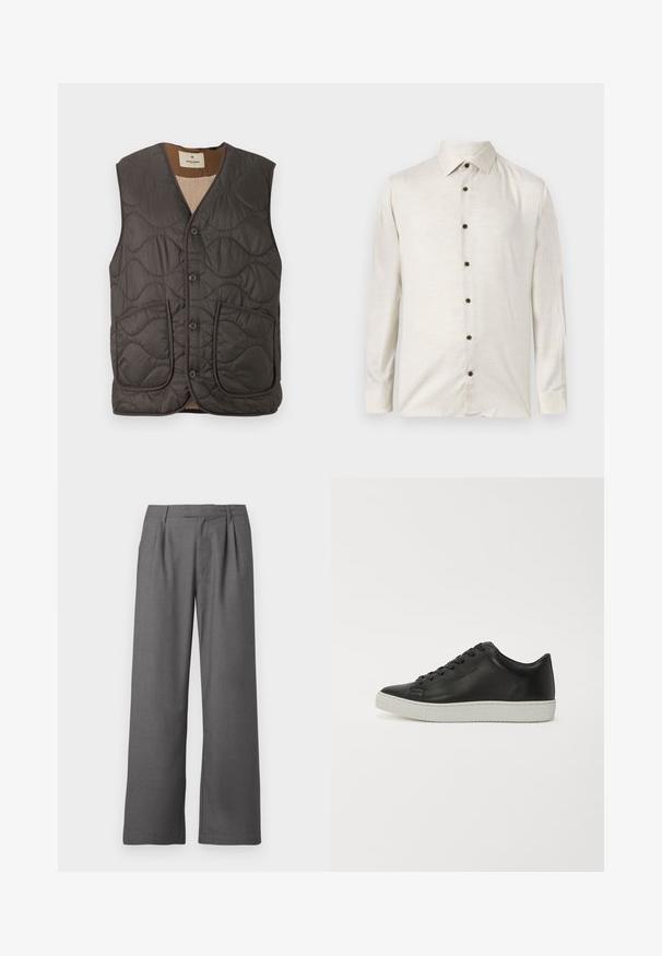 Chaleco acolchado sin mangas en gris oscuro, con dos bolsillos frontales, cinco botones y un suave revestimiento beige. La textura es lisa con un patrón ondulado.; Camisa de lino beige de manga larga con collar puntiagudo y seis botones oscuros en el frente, exhibida plana sobre un fondo blanco.; Pantalones de pierna ancha grises hechos de una tela suave, con un frente plisado, bolsillos laterales y una cintura entallada con cinturones.; Zapatillas de cuero negro con punta redondeada, suela plana de goma blanca y diseño de cordones con seis ojales. Textura suave, estilo minimalista.