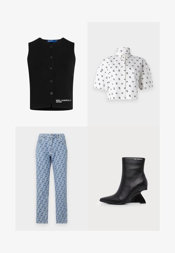 Čierny pletený sveter s oblečeným výstrihom, šiestimi gombíkmi a vyšitým nápisom "KARL LAGERFELD JEANS" v bielej farbe na dolnom ľavom rohu.; Skratená polotriko s krátkym rukávom vyrobené z bielej bavlny s opakujúcim sa čiernym grafickým vzorom tvárí so slnečnými okuliarmi. Košela s klopou.; Svetlomodré denimové džínsy so geometrickým bielym vzorom, rovný strih, zapínanie na gombík a päť vreciek.; Čierna kožená členková topánka s zakriveným sochárskym podpätkom a logom Karl Lagerfeld blízko hornej hrany na bielom pozadí.