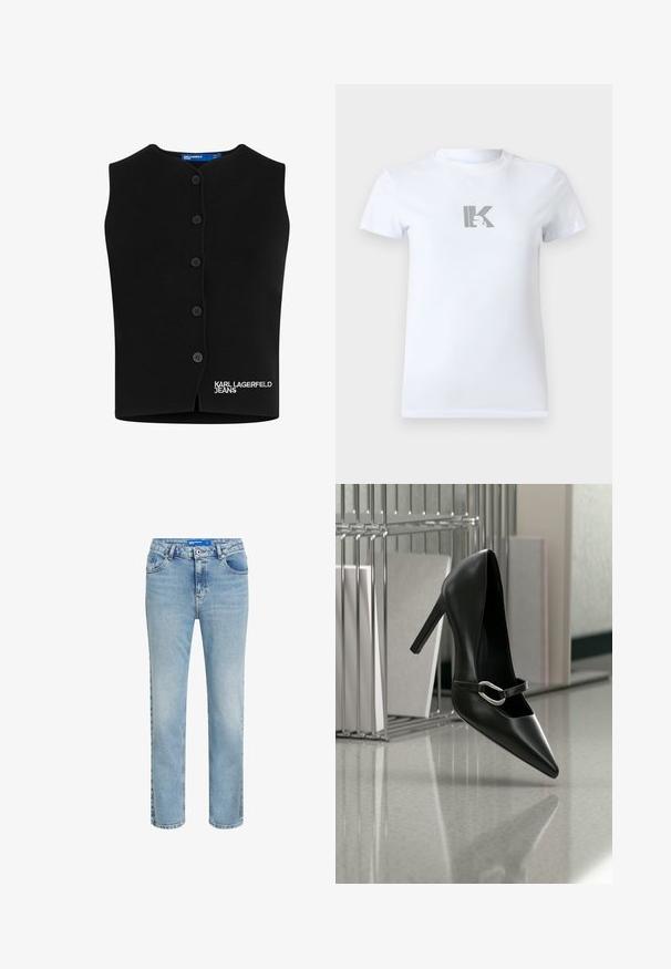 Must tumeel kooted vest, millel on ümar kaelus, kuus nööbi sulgemist ja valges õmmeldud "KARL LAGERFELD JEANS" alumisel vasakul küljel.; Valge lühikeste varrukatega T-särk, millel on hall "K" logoga, mille keskel on naise pea väike siluett.; hele sinised teksad sirge säärega, klassikalise viie taskuga disainiga ja õrnalt pleekinud tekstuuriga. Valmistatud teksariidest materjalist.; Must terava säärega kõrge kontsaga king hõbedase pandlaga rihmaga, asetatud peegeldavale pinnale metallist failide korraldaja lähedal, kus hoitakse pabereid.