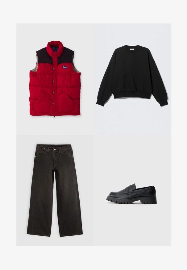 Rode gevoerde gilet met een hoge kraag, donkerbruine schouderpanelen, drukknoopsluitingen en twee voorzakken, met een nylon buitenkant en zachte voering.; Zwarte sweatshirt met een losse pasvorm, ronde hals en lange, licht opgeblazen mouwen. Gemaakt van zacht materiaal met geribbelde boorden en zoom.; Zwarte wijdere denim jeans met voorzakken, knoopsluiting en ceintuurlussen, plat neergelegd op een lichte achtergrond.; Zwarte leren instappers met een ronde neus, voorzien van een decoratieve riem en een stevige rubberen zool met diepe groeven voor grip.
