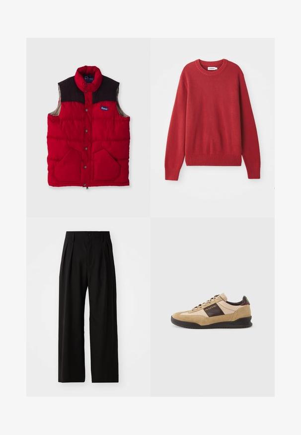 Rød polstret vest med høj krave, mørkebrune skulderpaneler, trykknapper og to forlommer, med en nylonoverflade og blødt foer.; Rød strikket sweater med rund halsudskæring, ribbede manchetter og kant, der har et tekstureret, chunky mønster over det hele.; Sorte bukser med vid ben, der har en glat overflade, to frontplisseringer, knaplukning og sidelommer. Holdbart stof.; Beige ruskindssneaker med et tekstureret brunt panel, kontrasterende brun hæl og flerfarvede snørebånd. Har en sort gummisål og guldfarvet mærkning.