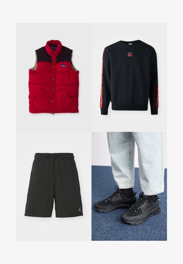 Rød polstret vest med høj krave, mørkebrune skulderpaneler, trykknapper og to forlommer, med en nylonoverflade og blødt foer.; Mørkeblå sweatshirt med et sekskantet rødt Nike-logo på brystet. Har røde accenter langs ærmerne og et struktureret, blødt stof.; Sort atletisk shorts lavet af blødt stof, med elastisk talje og snøre, sidelommer og et lille logo på venstre ben.; Sorte træningssko med tekstureret stof og gummisåler, udstyret med elastiske snørebånd og en blå detalje på hælen. Bæres med lyse denimbukser.