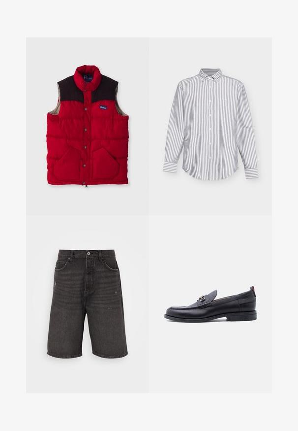 Rote gepolsterte Weste mit hohem Kragen, dunkelbraunen Schulterelementen, Druckknöpfen und zwei Fronttaschen, mit einem Nylon-Außenmaterial und weicher Innenseite.; Langärmliges Hemd mit Knöpfen, vertikal grauen und weißen Streifen und spitzem Kragen, abgebildet auf schlichtem hellem Hintergrund.; Schwarze Jeansshorts mit lockerer Passform, die über Fronttaschen, eine gebraucht aussehende Textur und einen klassischen Bund mit einem einzelnen Knopfverschluss verfügen.; Schwarzer Lederloafer mit grauem, strukturiertem Vorderblatt, silberner Metallschnalle, niedrigem Absatz und Zuglasche hinten.