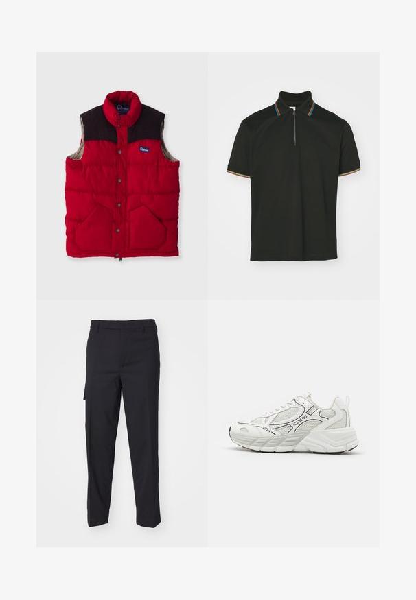 Rote gepolsterte Weste mit hohem Kragen, dunkelbraunen Schulterelementen, Druckknöpfen und zwei Fronttaschen, mit einem Nylon-Außenmaterial und weicher Innenseite.; Schwarzes Poloshirt mit einem Reißverschlusskragen und mehrfarbigen Streifen. Kurzärmelig und aus glattem Baumwollstoff.; Schwarze Hose aus einem glatten, gewebten Stoff. Sie hat einen geraden Schnitt, eine schmale Passform, Gürtelschlaufen und eine Seitentasche.; Weiße Sportschuhe mit Netzpaneelen, strukturierten Überzügen, schwarzen Akzenten und einer dicken Sohle. Mit dem Markennamen "ICEBERG" und dem Jahr "1974."