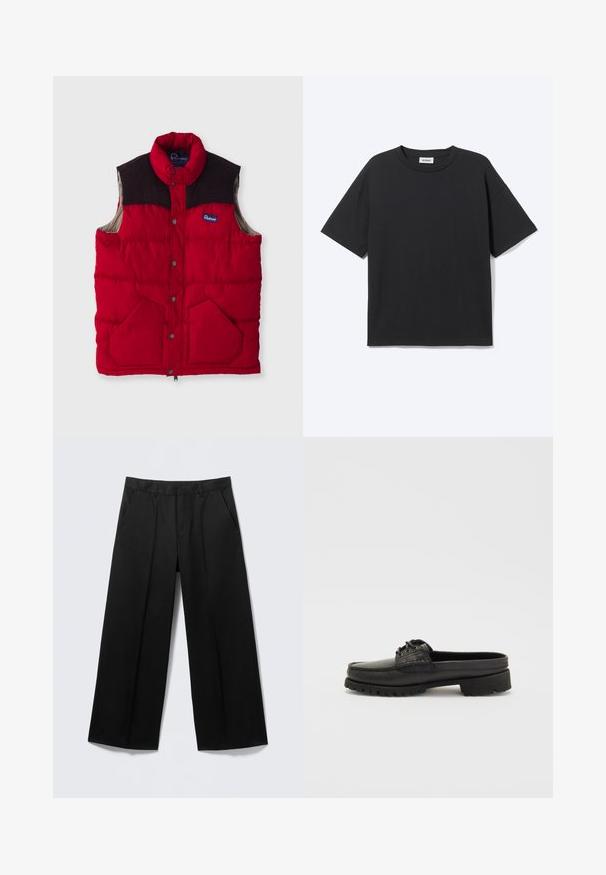 Rote gepolsterte Weste mit hohem Kragen, dunkelbraunen Schulterelementen, Druckknöpfen und zwei Fronttaschen, mit einem Nylon-Außenmaterial und weicher Innenseite.; Schwarzes T-Shirt mit kurzen Ärmeln und Rundhalsausschnitt in lockerer Passform, Vorderansicht, schlichtes Design und sichtbares Weekday-Label im Krageninneren.; Schwarze Hosen mit weitem Bein, Gürtelschlaufen, Vordertaschen und Reißverschluss, auf einem hellgrauen Hintergrund präsentiert.; Schwarzer Leder-Schlüpfschuh mit Schnürdetails, abgerundeter Zehenpartie und strukturiertem Sohle. Verfügt über einen leicht erhöhten Absatz und eine glatte Oberfläche.