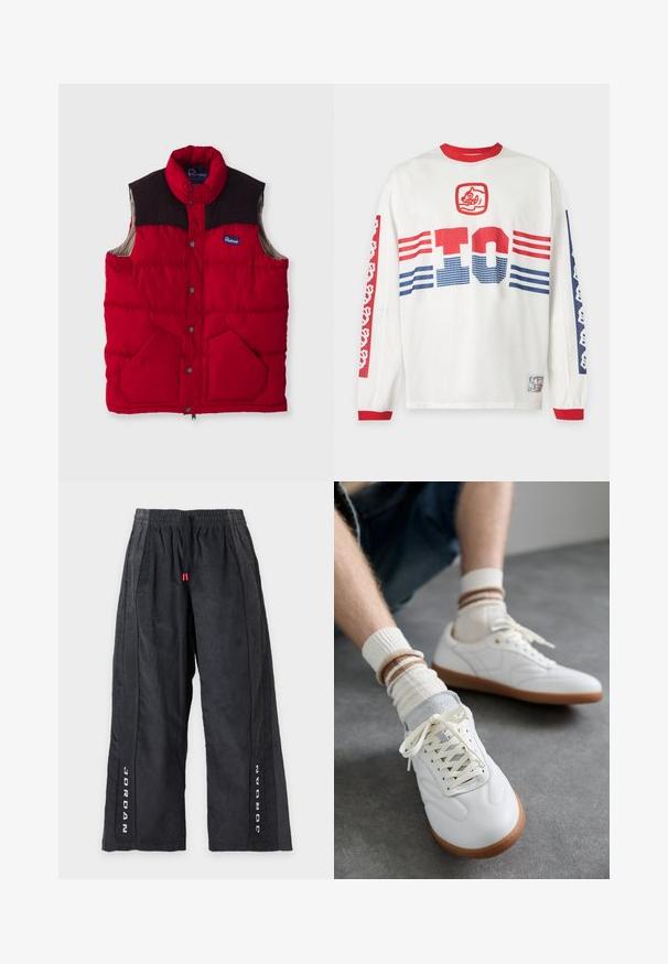 Rote gepolsterte Weste mit hohem Kragen, dunkelbraunen Schulterelementen, Druckknöpfen und zwei Fronttaschen, mit einem Nylon-Außenmaterial und weicher Innenseite.; Weißes langärmliges Mesh-Shirt mit rotem Kragen und Bündchen, roten und blauen Streifen, großem "TC"-Schriftzug und grafischen Motiven auf Ärmeln und Brust.; Schwarze Hose mit weitem Bein, elastischem Bund und Kordelzug, strukturierter Stoff und das Wort "JORDAN" vertikal in Weiß auf jedem Bein gedruckt.; Weiße Ledersneaker mit glatter Textur, grauen Wildlederelementen, beigen Gummisohlen und flachen Schnürsenkeln. Kombiniert mit cremefarbenen und braun gestreiften Socken.