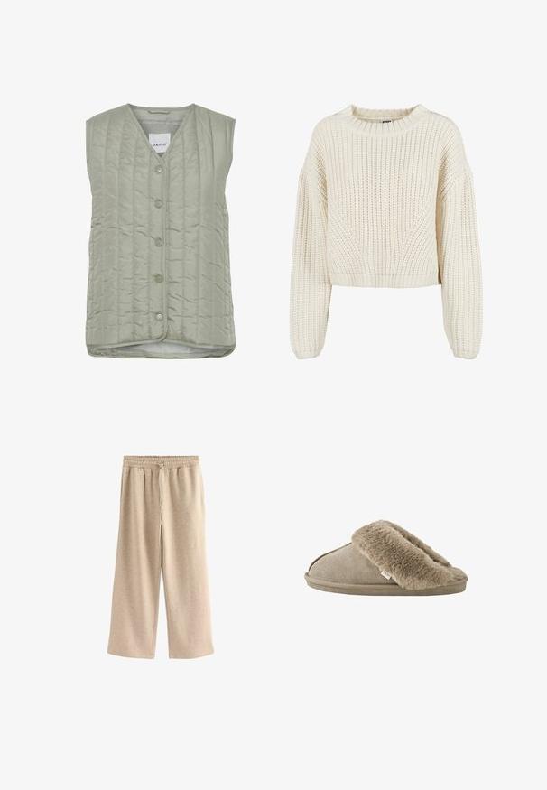 Steppweste ohne Ärmel in Hellgrün, mit V-Ausschnitt, sechs Knöpfen und einer glatten Textur mit subtilen Nähmustern.; Dicker Strickpullover in Creme mit Rundhalsausschnitt, weiten Ärmeln, gerippten Bündchen und einem strukturierten Muster. Verkürzter Schnitt.; Cremefarbene Schlaghosen aus einem weichen Baumwollmix. Sie verfügen über einen elastischen Bund mit Kordelzug und einer dezenten gesprenkelten Textur.; Beiger Hausschuh zum Hineinschlüpfen mit weichem, plüschigem Fellbesatz rund um die Öffnung und einer aussenseitig velourslederähnlichen Sohle.