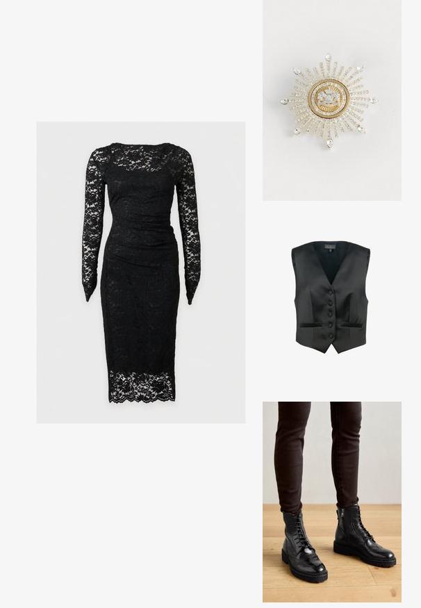 Luisa Spagnoli SCOLARO - Vest - nero; Sort knælængde blondekjole med lange gennemsigtige ærmer, tætsiddende silhuet og blomsterprint over det hele.; Sorte læder ankelstøvler med brogue-detaljer, snørebånd foran, sideskafter og teksturerede gummisåler. Matchet med mørke slim-fit bukser.; Guld- og sølvbroche formet som en solstråle, med en central klar ædelsten og strålende rækker af små klare krystaller, samt dråbeformede accenter.