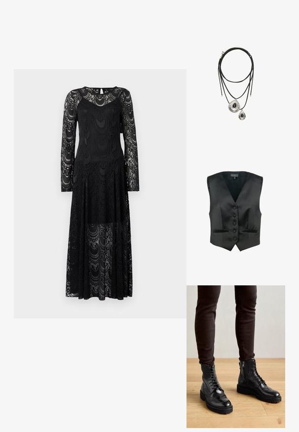 Luisa Spagnoli SCOLARO - Vesta - nero; Copenhagen Muse Maxi šaty - black; Čierne kožené členkové topánky s brogue detailmi, s viazaním vpredu, bočnými zipsami a štruktúrovanými gumovými podrážkami. Kombinované s tmavými úzkymi nohavicami.; Dvojvrstvový čierny šnúrkový náhrdelník s dvoma striebornými príveskami v tvare kvapky, každý s čiernym kameňom v strede a dekoratívnymi okrajmi.
