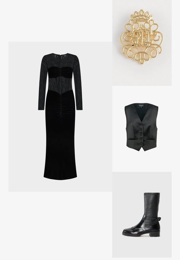 Luisa Spagnoli SCOLARO - Chaleco - nero; Vestido negro con parte superior de encaje de manga larga y cuerpo de terciopelo con detalle fruncido. Largo hasta el suelo con silueta recta.; Botín negro con parte superior de cuero suave, detalles de brogue, puntera redondeada y tacón bloque de altura media. Presenta un eje suave y texturizado.; Broche de metal dorado que presenta un intrincado trabajo en espiral y un motivo de corona en la parte superior, con las iniciales "PL" exhibidas de forma destacada en el centro.