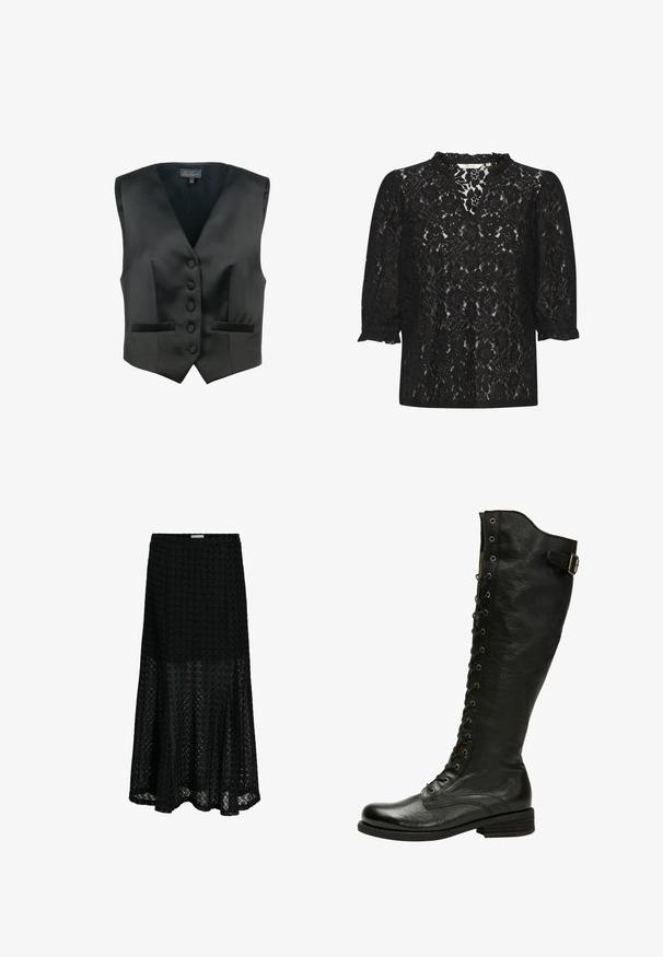 Luisa Spagnoli SCOLARO - Chaleco - nero; Blusa de encaje negro con escote en V, patrón floral y mangas abullonadas con puños con volantes. Textura ligera y semitranslúcida. Etiqueta de la marca visible en el interior.; Falda negra de corte línea A con superposición de encaje floral texturizado, ajustada en cintura y caderas, se ensancha debajo de la rodilla, bajo parcialmente transparente.; Bota de cuero negro hasta la rodilla con cordones en el frente, ojales de plata y hebilla lateral. Presenta un acabado texturizado y tacón apilado.