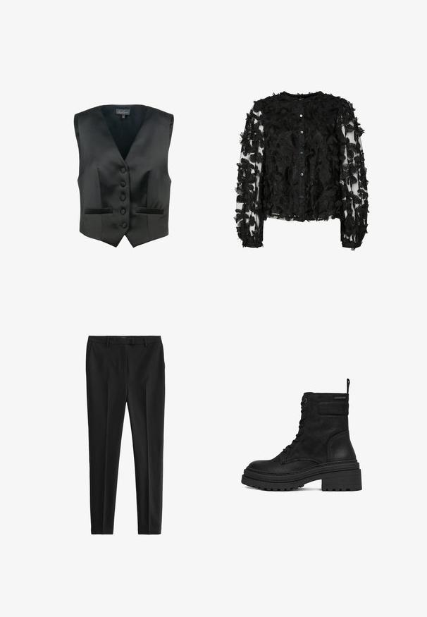 Luisa Spagnoli SCOLARO - Vest - nero; Sort bluse med intrikate broderede blomster mønstre i tekstureret stof, med lange ærmer og knaplukning foran. Gennemsigtige elementer inkluderet.; Sorte bukser lavet af glat stof, med skræddersyet pasform, frontfolder og bæltestropper, samt sidelommer og baglommer.; Sorte læder ankelstøvler med struktureret overflade, snørelukning foran, træktab og tyk, robust sål. Har en beskeden hæl for stabilitet.