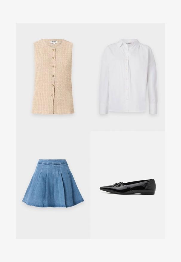 Blouse beige texturée sans manches avec encolure ronde et rangée frontale de six boutons, étiquette "ONLY" au col.; Chemise blanche à boutons faite en coton, avec des manches longues, un col classique et des détails de couture subtils.; Jupe plissée en denim bleu clair avec une taille ajustée, évasée au niveau de l'ourlet, présentant de subtils détails de couture et une texture douce.; Ballerines en cuir verni noir avec un bout pointu, présentant un nœud décoratif à l'avant et un design de talon bas et élégant.