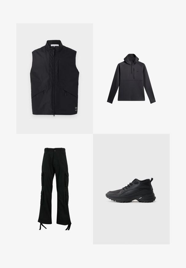 Sort ærmeløs vest lavet af letvægts, vandafvisende materiale, med høj krave, lynlås foran og skrå sidelommer.; Sort pullover med hætte, der har en kvart lynlås foran, raglanærmer og en lynlåslomme på brystet; glat tekstur og atletisk design.; Sorte cargo bukser lavet af holdbart stof har flere sidelommer, et lige ben-design og snøringer i bunden for justerbar pasform.; Sorte atletikskøjter lavet af syntetisk materiale. Har en polstret krave, rund tå, robust ydersål med godt greb og detaljer med mærkelogo.