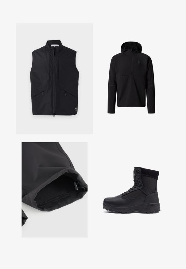 Zwarte mouwloze vest gemaakt van lichtgewicht, waterafstotend materiaal, met een hoge kraag, voorzijde met rits en schuin geplaatste zijzakken.; Zwarte long sleeve hoodie met een kwartrits en een subtiel logo op de linkerborst, ontworpen voor buitenshuis of casual dragen.; Zwarte stoffen mouw met elastische manchet, met een gladde textuur en subtiele glans. Verstelbaar trekkoord bij de opening voor een goede pasvorm.; Zwarte tactical boot met een gladlederen bovenkant en stofpanelen, hoge enkelontwerp, vetersluiting aan de voorkant en robuuste rubberen zool.
