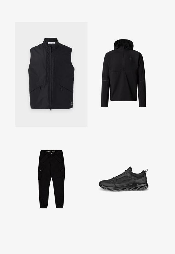 Chaleco negro sin mangas hecho de material ligero y resistente al agua, con un alto cuello, cremallera frontal y bolsillos laterales en ángulo.; Sudadera negra con capucha, de manga larga, con cremallera parcial y logo sutil en el pecho izquierdo, diseñada para uso al aire libre o casual.; Pantalones cargo negros hechos de algodón, con múltiples bolsillos, un diseño ajustado y puños elásticos en los tobillos.; Zapatos deportivos negros con parte superior de malla texturizada, suela de goma y un patrón de tracción pronunciado. Presenta una puntera redondeada y un diseño de cordones.