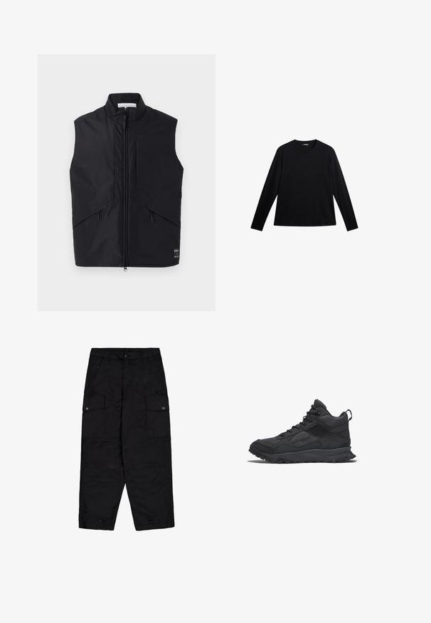 Chaleco negro sin mangas hecho de material ligero y resistente al agua, con un alto cuello, cremallera frontal y bolsillos laterales en ángulo.; Camiseta negra de manga larga hecha de tela suave, con cuello redondo y un logotipo sutil en el frente, con un corte holgado.; Pantalones cargo negros con botón y cremallera en el frente, bolsillos laterales con solapa y botones, y cuerdas ajustables en los dobladillos.; Zapatillas de senderismo de caña media negras que presentan una combinación de materiales texturizados y lisos, suela de goma duradera y una lengüeta trasera.