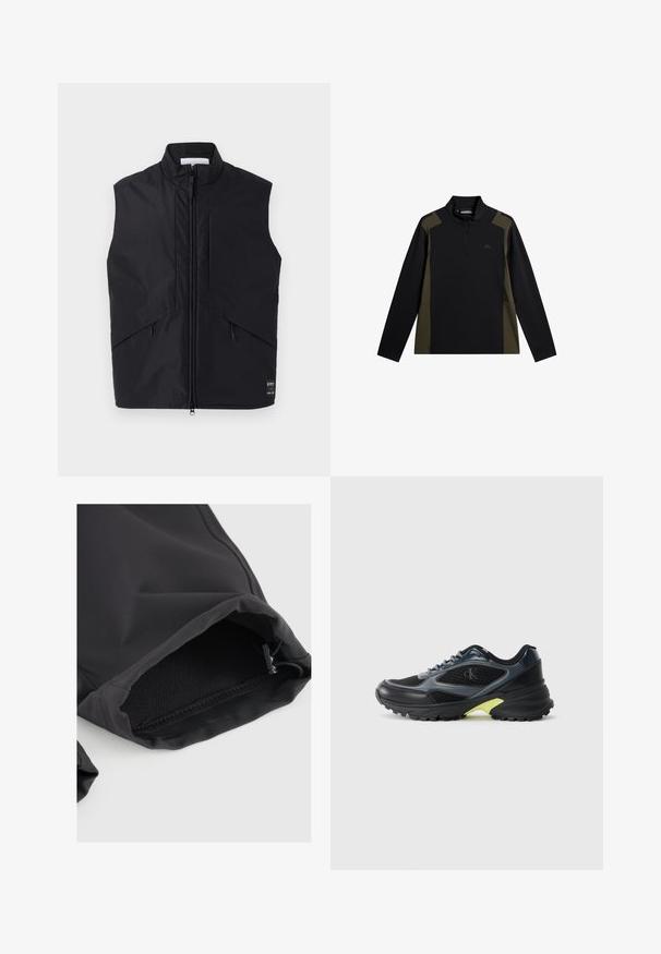 Chaleco negro sin mangas hecho de material ligero y resistente al agua, con un alto cuello, cremallera frontal y bolsillos laterales en ángulo.; Sweatshirt de manga larga en negro y verde olivo con una cremallera corta en el frente y un pequeño logo en el pecho.; Manga de tela negra con puño elástico, que presenta una textura suave y un ligero brillo. Cordon ajustable en la abertura para un mejor ajuste.; Zapatilla deportiva negra y gris con paneles de malla, suela texturizada y un acento amarillo en el talón. Cuenta con cordones y un logo en el lateral.
