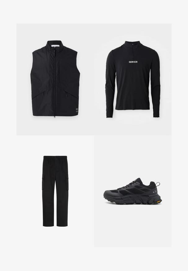 Chaleco negro sin mangas hecho de material ligero y resistente al agua, con un alto cuello, cremallera frontal y bolsillos laterales en ángulo.; Top negro de manga larga con cuello alto, que presenta una cremallera de cuarto y el logo blanco "CALVIN KLEIN" en la parte frontal. Tejido suave y elástico.; Pantalones cargo negros de pierna recta con cintura elástica, cierre de botón y dos bolsillos con solapa en los lados.; Zapatos deportivos negros con una suela gruesa, parte superior de malla y sintético, acentos texturizados y marca Vibram en la suela exterior.