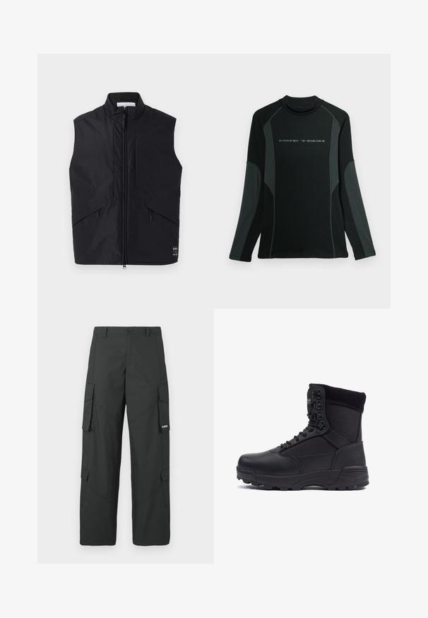 Gilet sans manches noir en matériau léger et résistant à l'eau, avec un col montant, une fermeture éclair à l'avant et des poches latérales inclinées.; Chemise noire à manches longues avec col haut, fabriquée en tissu texturé. Présente des panneaux latéraux gris et le logo "NIKE TECH" sur la poitrine.; Pantalons cargo noirs à jambes droites avec poches latérales à rabat, fermeture à bouton, passants de ceinture et petit logo blanc sur le rabat de la poche droite.; Botte tactique noire avec une tige en cuir lisse et des panneaux en tissu, design montante, fermeture à lacets à l'avant et semelle en caoutchouc robuste.
