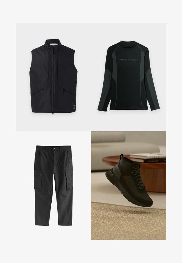 Chaleco negro sin mangas hecho de material ligero y resistente al agua, con un alto cuello, cremallera frontal y bolsillos laterales en ángulo.; Camisa negra de manga larga con cuello alto, hecha de una tela texturizada. Presenta paneles laterales grises y el logo "NIKE TECH" en el pecho.; Pantalones cargo negros con bolsillos frontales con cremallera, bolsillos laterales con solapa y botón, y trabillas para cinturón, exhibidos sobre un fondo blanco.; Zapatilla negra de caña alta con cordones flotando sobre una alfombra beige, mesa redonda de madera con libros apilados en un salón moderno de colores claros.