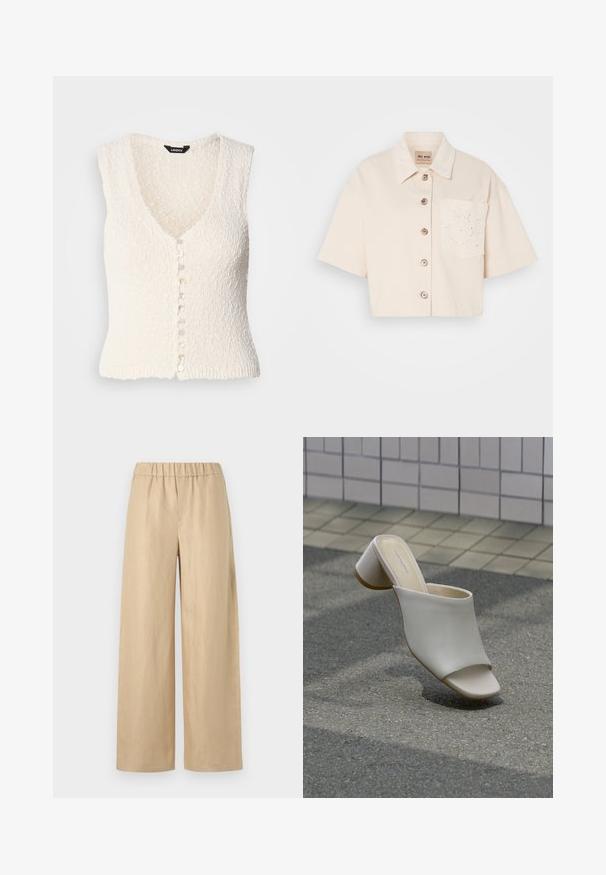 Gilet en tricot sans manches blanc avec un col en V et un tissu texturé. Il présente une fermeture à bouton avec des boutons ronds de couleur claire.; Chemise courte à manches courtes en coton beige clair avec un devant à boutons, un col pointu et un détail de poche brodé.; Pantalons larges beiges en tissu léger. Dotés d'une taille élastique et d'une texture lisse, sans matériel visible ni motifs.; Mule blanche à bout ouvert avec talon bloc sur sol pavé près d'un mur carrelé, inclinée pour montrer les vues latérale et supérieure.