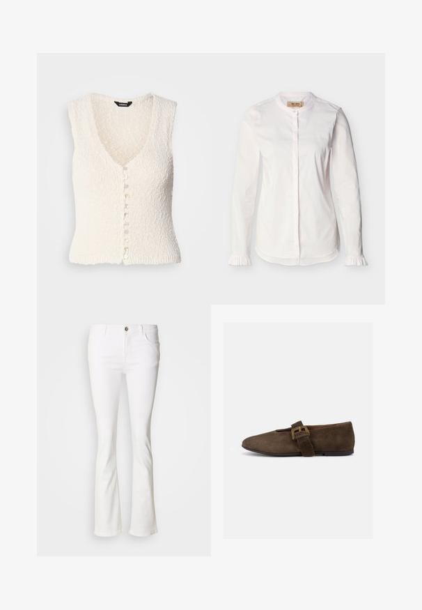 Gilet en tricot sans manches blanc avec un col en V et un tissu texturé. Il présente une fermeture à bouton avec des boutons ronds de couleur claire.; Blouse blanche à manches longues avec col mao, patte de boutonnage dissimulée, fines rayures verticales et poignets à volants, présentée sur un fond uni.; Jean blanc évasé avec cinq poches, fermeture bouton et zip, et coutures apparentes. Fabriqué en tissu denim, texture lisse.; Chaussure plate en daim marron avec une large bride et une boucle dorée, bout arrondi et semelle noire basse, vue de profil sur fond blanc.