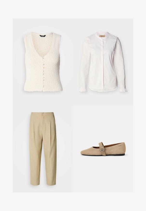 Gilet en tricot sans manches blanc avec un col en V et un tissu texturé. Il présente une fermeture à bouton avec des boutons ronds de couleur claire.; Blouse blanche à manches longues avec col mao, patte de boutonnage dissimulée, fines rayures verticales et poignets à volants, présentée sur un fond uni.; Pantalons en lin beige avec une coupe décontractée, présentant des plis à l'avant, une taille, et des jambes fuselées se terminant juste au-dessus de la cheville.; Ballerines en daim beige de style Mary Jane avec un bout pointu et une seule sangle réglable dotée d'une boucle en métal argenté. Semelle plate noire.