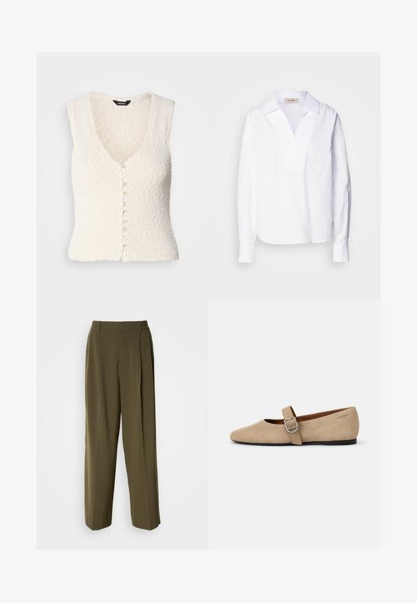 Gilet en tricot sans manches blanc avec un col en V et un tissu texturé. Il présente une fermeture à bouton avec des boutons ronds de couleur claire.; Chemise blanche à manches longues en tissu texturé léger, dotée d'un décolleté en V, d'un col surdimensionné et de fines rayures verticales.; Pantalons à jambes larges vert olive en tissu lisse, dotés d'une taille haute, de plis sur le devant et de poches latérales pour plus de fonctionnalité.; Ballerines en daim beige de style Mary Jane avec un bout pointu et une seule sangle réglable dotée d'une boucle en métal argenté. Semelle plate noire.