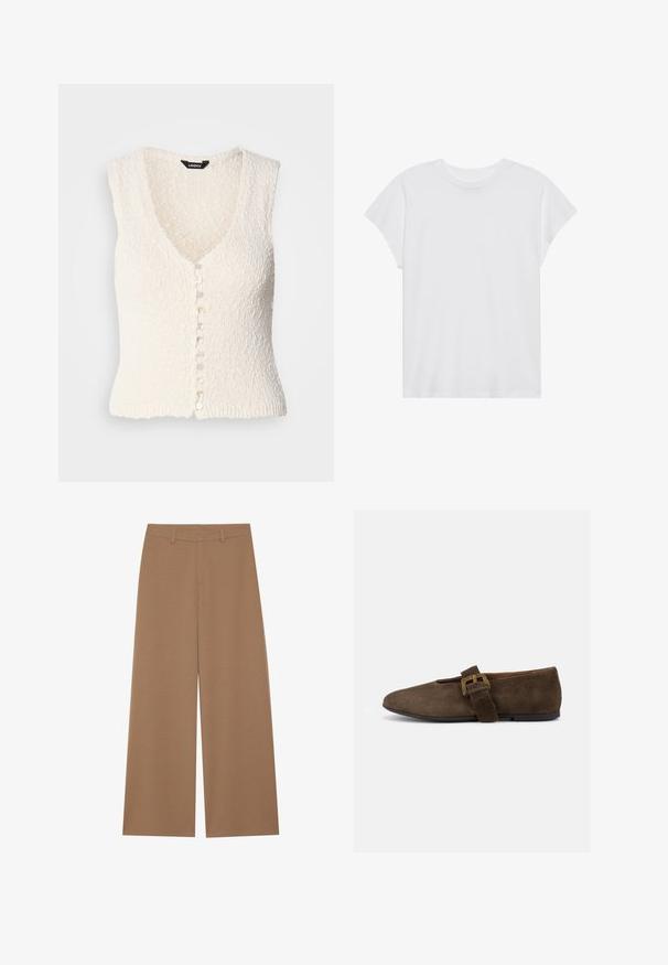 Gilet en tricot sans manches blanc avec un col en V et un tissu texturé. Il présente une fermeture à bouton avec des boutons ronds de couleur claire.; T-shirt blanc à manches courtes, col rond, coupe décontractée, en tissu de coton doux. Texture lisse, sans motifs ni logos.; Pantalons à jambes larges de couleur marron uni, fabriqués à partir d'un tissu texturé ; dotés d'une taille haute et d'un design structuré avec passants de ceinture.; Chaussure plate en daim marron avec une large bride et une boucle dorée, bout arrondi et semelle noire basse, vue de profil sur fond blanc.