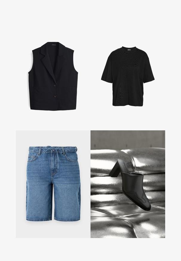 Zwarte mouwloze vest met een geknipte kraag, voorzien van twee voorzakken en twee knoopsluitingen aan de voorkant. Gemaakt van een soepele stof.; Zwarte oversized T-shirt met korte mouwen en ronde hals, voorzien van een eenvoudig ontwerp en een klein label bij de halslijn.; Blauwe denim knielange korte broek met zakken aan de voorkant, riemlussen en een geknoopte stoffen riem in de taille.; Zwarte leren mule met blokhak, rustend op een glanzend zilveren gestoffeerde oppervlakte, die het strakke ontwerp en de afgeronde details benadrukt.