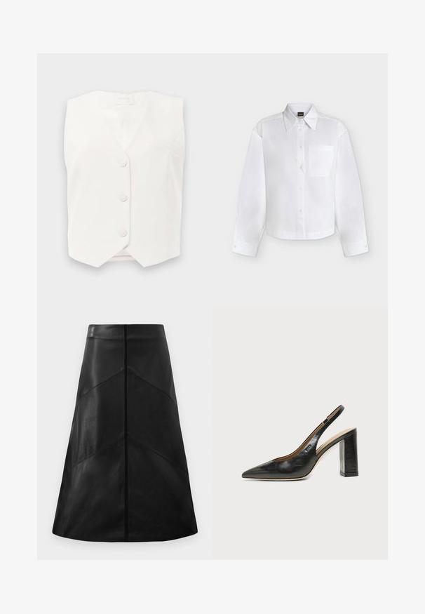 Gilet sans manches blanc avec un décolleté en V, cinq boutons et une petite poche sur la poitrine gauche. Texture lisse et design structuré.; Chemise blanche à manches longues boutonnée, avec col pointu et poche poitrine, présentée sur un fond clair uni.; Jupe en cuir noir en forme A avec une texture lisse, arborant des motifs de coutures géométriques et une fermeture éclair dissimulée à l'arrière.; Chaussure slingback en cuir noir à bout pointu avec un talon bloc haut et une doublure intérieure beige sur un fond clair uni.